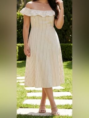 Ann Taylor Linen Blend Cream and Black Pinstripe A-Line Midi Dress
